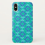 Capa Para iPhone X Art Deco Wallpaper Padrão, Turquesa e Cobalto<br><div class="desc">Arte Deco — Papel de parede geométrico em azul de cobalto, aqua e branco sobre fundo de turquesa/pavão</div>