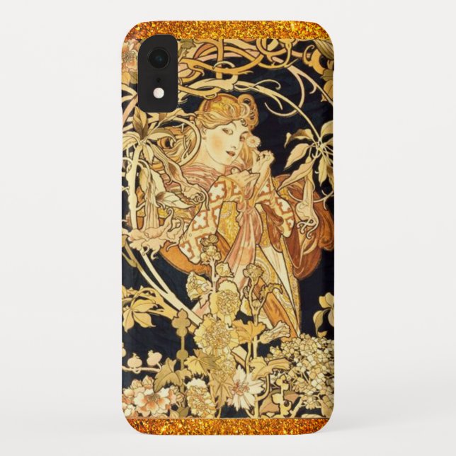 Capa Para iPhone, Case-Mate Art nouveau alfônimo mucha mulher ouro floral pret (Verso)