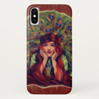 Art nouveau deco elegante mulher, penas de pavão