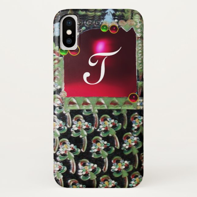 Capa Para iPhone, Case-Mate ARTE VERMELHA NEGRA NOUVEAU GEMSTONE MONOGRAM Ruby (Verso)
