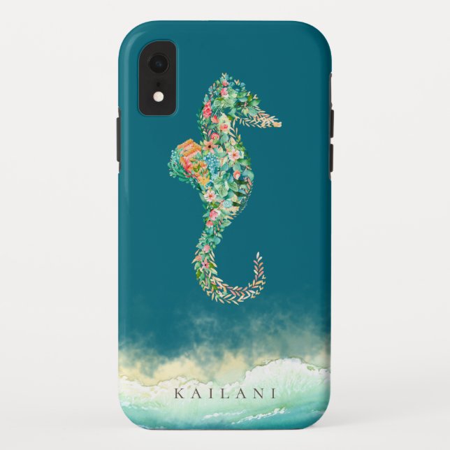 Capa Para iPhone, Case-Mate Azul botânico do cavalo marinho da praia elegante (Verso)