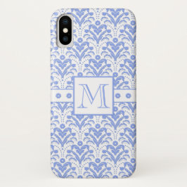 Capa Para iPhone X Azul Elegância Perfeito e Damasco Monograma Branco