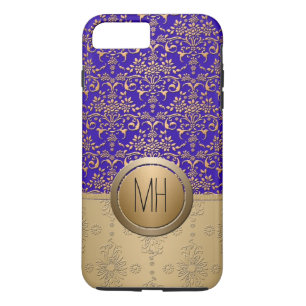 Capa iPhone 8 Plus/7 Plus Azul Real e Dourado Padrão de Monograma Personaliz