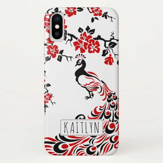 Capa Para iPhone, Case-Mate Black, red paciock e cherry floresce art nouveau (Verso)