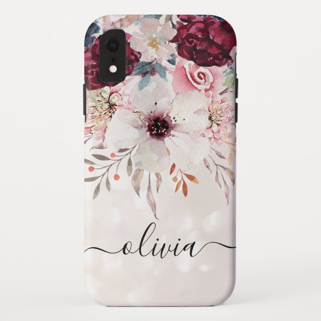 Capa Para iPhone, Case-Mate Blush Pink Burgundy Floral iPhone XR Case (Verso)