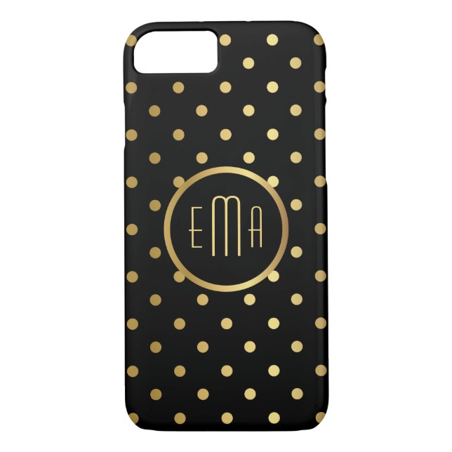 Capa Para iPhone, Case-Mate Bolinhas Douradas chic a preto com monograma (Verso)