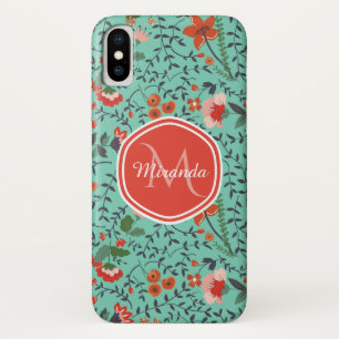 Capa Para iPhone X Bonito Aquamarine Laranja e Monograma Floral Verme