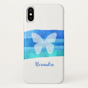 Capa Para iPhone X Borboleta Azul Aquarela Personalizada