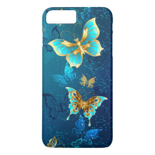 Capa iPhone 8 Plus/7 Plus Borboletas de ouro em um fundo azul