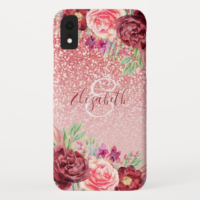 Capa Para iPhone, Case-Mate Burgundy Floral Rosa Dourado Glitter Personalizado (Verso)
