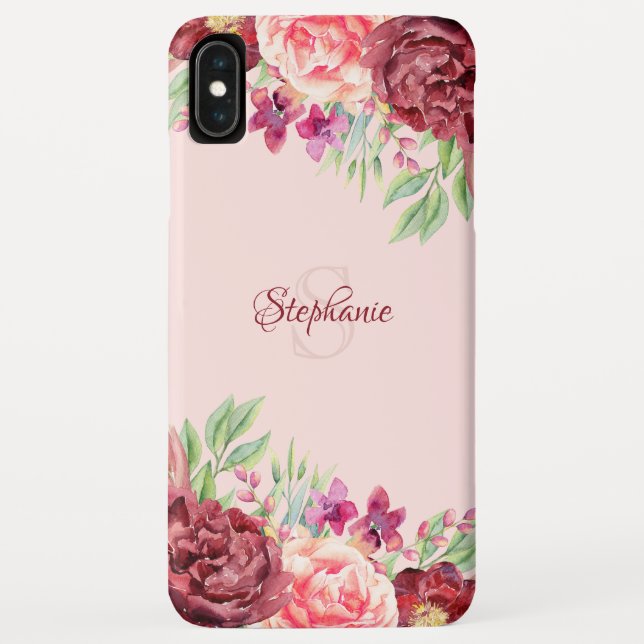 Capa Para iPhone, Case-Mate Burgundy Peach Blush Rosa Floral Monograma (Verso)