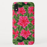 Capa Para iPhone XR Camellias rosa-coral e folhas verdes<br><div class="desc">Gráfico digital de camellias cor-de-coral profundas e folhas verdes que se sobrepõem num fundo verde esmeralda escuro,  para um sentimento luxuoso e tropical</div>