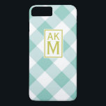 Capa iPhone 8 Plus/7 Plus Caso do iPhone 7 Plus com Monograma de Gingham Azu<br><div class="desc">Capas de iphone personalizável com padrão de gingham azul e branco e etiqueta e monograma chartreuse. Isso está disponível em várias cores e variedade de capas e capas.</div>