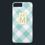 Capa iPhone 8 Plus/7 Plus Caso do iPhone 7 Plus com Monograma de Gingham Azu<br><div class="desc">Capas de iphone personalizável com padrão de gingham azul e branco e etiqueta e monograma chartreuse. Isso está disponível em várias cores e variedade de capas e capas.</div>