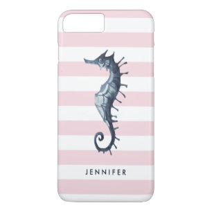 Capa iPhone 8 Plus/7 Plus Cavalo-marinho náutico rosa monograma personalizad