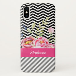 Capa Para iPhone X Chevrons Pretos e Brancos, Cor-de-rosa-chic e nome