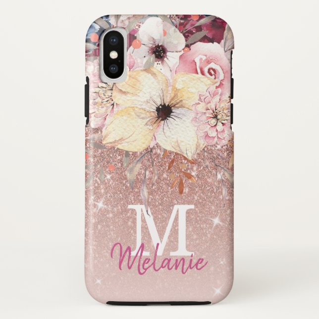 Capa Para iPhone, Case-Mate Chic Floral Rosa Dourado Glitter iPhone X Case (Verso)