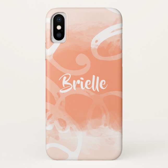 Capa Para iPhone, Case-Mate Chic Pastel Orange Watercolor Swirts Com Nome (Verso)