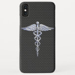 Capa Para iPhone XS Max Chrome Caduceus Símbolo médico Decor de Fibra Carb<br><div class="desc">O design do Símbolo Simbólico Chrome Like Caduceus Medical Symbol apresentado aqui sobre um fundo impressão de fibra de carbono preto. Os cobras caduceus são feitos para parecerem feitos de cromo. Bom para a formatura, para a sua profissão, ou para um presente com aquele olhar médico que você está procurando....</div>
