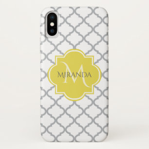 Capa Para iPhone Da Case-Mate Cinza Branca Quatrefoil Amarelo Nome Monograma