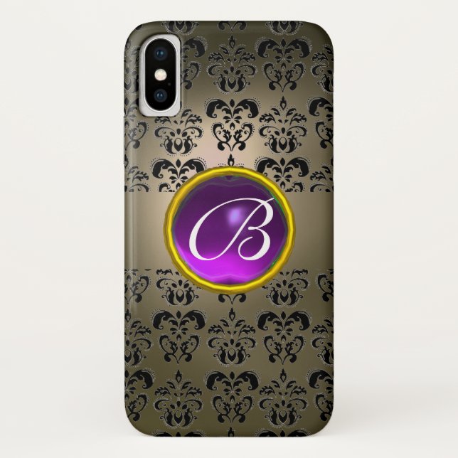 CAPA PARA iPhone, Case-Mate  CINZA NEGRA DAMASK PURPLE GEM MONOGRAM (Verso)