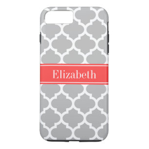 Capa iPhone 8 Plus/7 Plus Cinza White Marroquino #5 Coral Red Name Monograma
