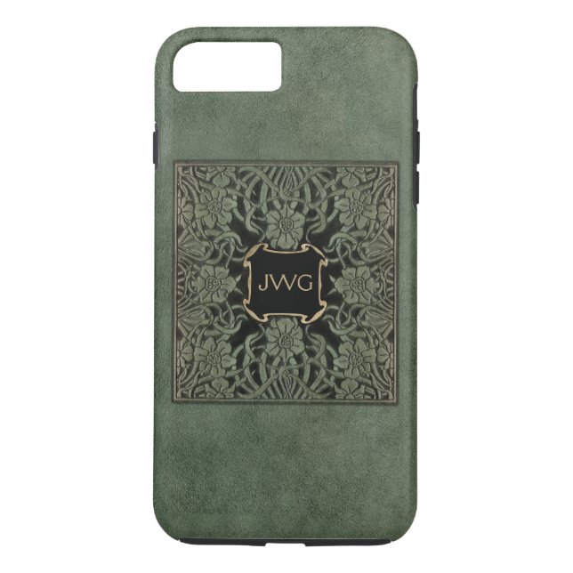 Capa Para iPhone, Case-Mate Cobrir do Livro do Monograma de Couro Verde Antiqu (Verso)