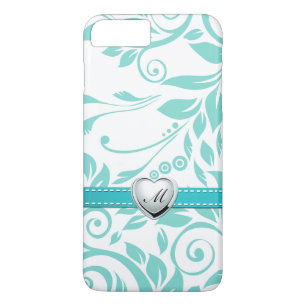Capa Para iPhone Da Case-Mate Cor damasco azul e branca do Aqua com monograma