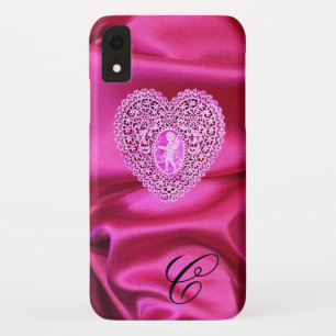 CAPA PARA iPhone XR CORAÇÃO DE LACE SEDA ROSA FUCHSIA TECIDO MONOGRAMA