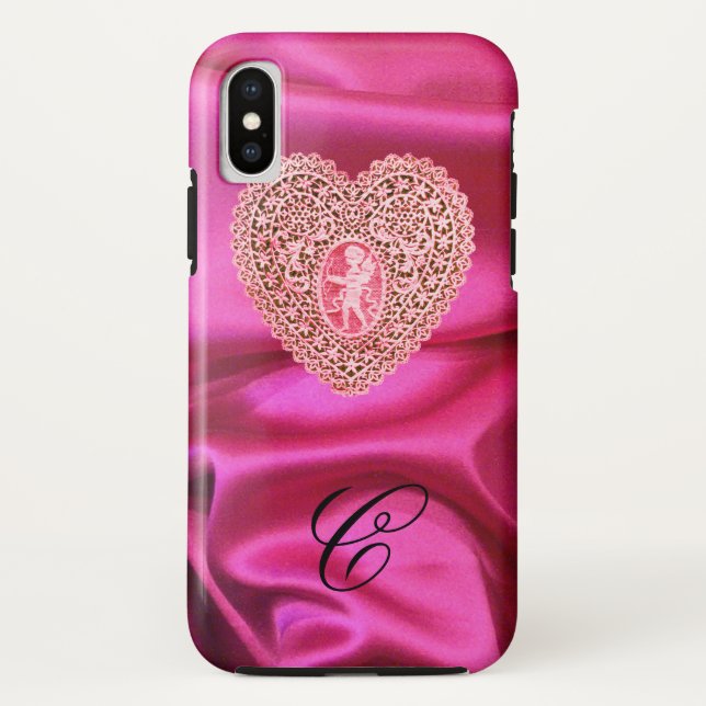CAPA PARA iPhone, Case-Mate  CORAÇÃO DE RENDAS CUPIDO SEDA ROSA FÚCSIA MONOGRAM (Verso)