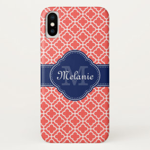 Capa Para iPhone X Coral Rosa Que Monograma Do Marinho De Padrão Marr