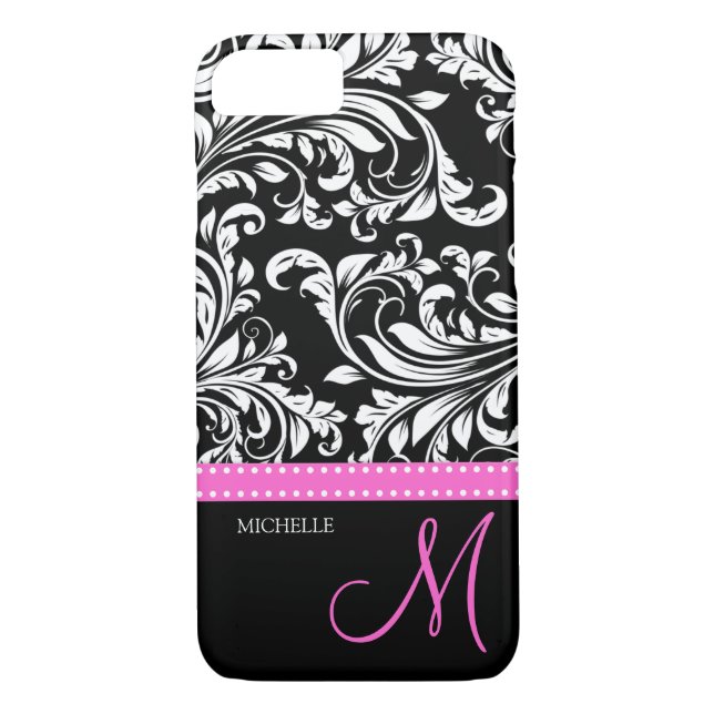 Capa Para iPhone, Case-Mate Damasco preto e branco legante com monograma rosa (Verso)