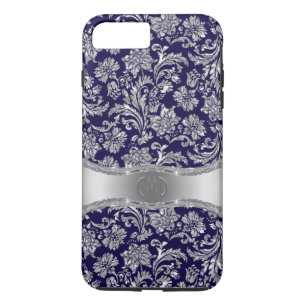 Capa iPhone 8 Plus/7 Plus Damascos Florais marinhos Azuis e Silvosos