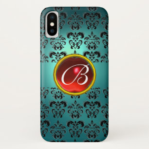 Capa Para iPhone X DAMASK GEM MONOGRAM azul vermelho