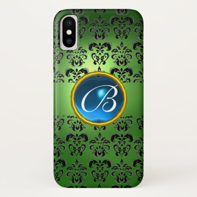 Capa Para iPhone, Case-Mate DAMASK GEM MONOGRAM verde azul (Verso)