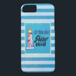 Capa Para iPhone Da Case-Mate Deixe sua tipografia brilhante do farol brilhante<br><div class="desc">Uma capa de telefone personalizada com um padrão listrado azul. Um quadro azul com borda amarela colocada sobre o topo com uma imagem de aquarela de um dentro de farol listrado vermelho. O texto da tipografia diz: Deixe sua luz brilhar.</div>