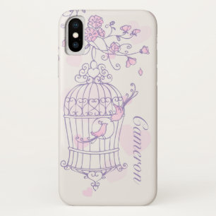 Capa Para iPhone X Dois pássaros e o nome rosa e púrpura da gaiola