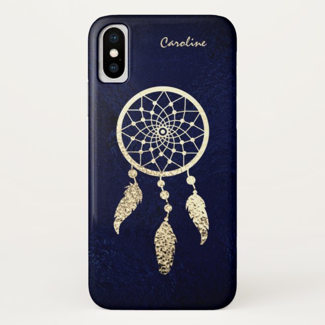 Capa Para iPhone, Case-Mate Dourado Dreamcatcher no Monograma Azul escuro (Verso)