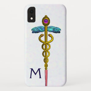 Capa Para iPhone XR DOURADO SÍMBOLO MÉDICO CADUANO Monograma Branco