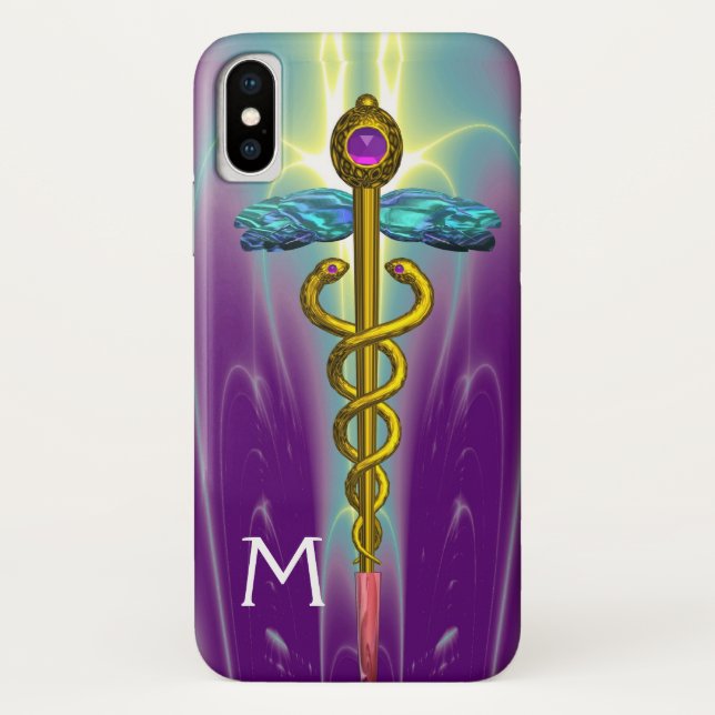 Capa Para iPhone, Case-Mate DOURADO SÍMBOLO MÉDICO DO CADUEUS Monograma Verde  (Verso)