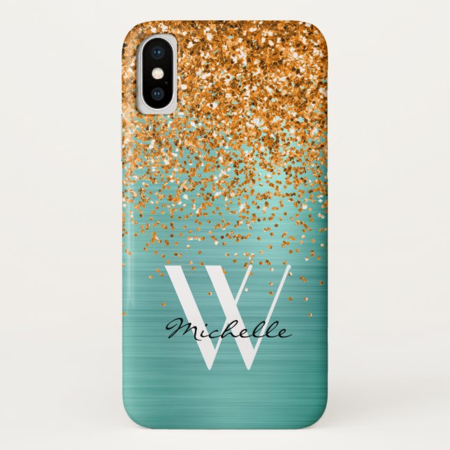 Capa Para iPhone, Case-Mate Elegante Dourado Laranja Teal Girly Glitter Monogr (Verso)