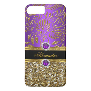 Capa iPhone 8 Plus/7 Plus Elegante Floral Roxo Dourado Damask Brilho