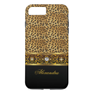Capa iPhone 8 Plus/7 Plus Elegante Leopardo Selvagem Preto Dourado Joia Resi