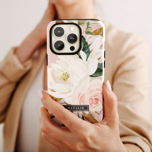 Capa Para iPhone Da Case-Mate Elegante Magnolia   Branco e Blush Nome Personaliz