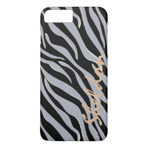 Capa iPhone 8 Plus/7 Plus Elegante monograma de estampa de zebra preta e cin
