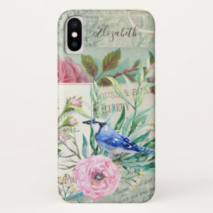 Capa Para iPhone X Elegante Pássaro Azul Jay Vintage Floral Rosa e No