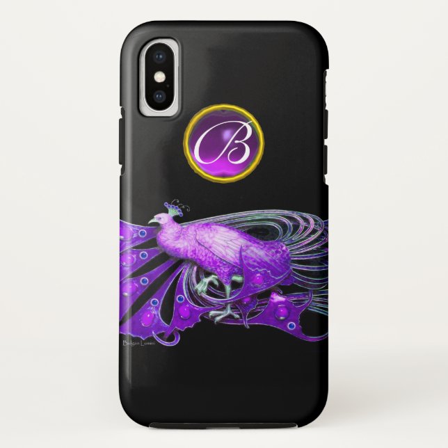 CAPA PARA iPhone, Case-Mate  ELEGANTE PAVÃO EM ROXO, MONOGRAMA DE AMETISTA (Verso)