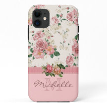 Elegante Vintage Pink Floral Rosa Monograma