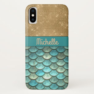 Capa Para iPhone Da Case-Mate Escalas de Sereia de Turquesa Teal   Nome Dourado 