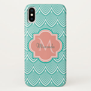 Capa Para iPhone X Escamas de Peixe Art Déco Verde Azul Escuro Monogr